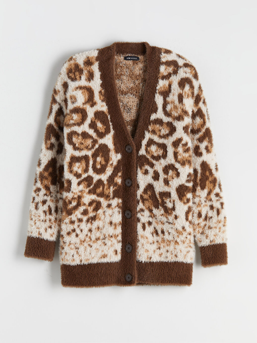 Bej V Yaka Desenli Kadın Triko Hırka-4