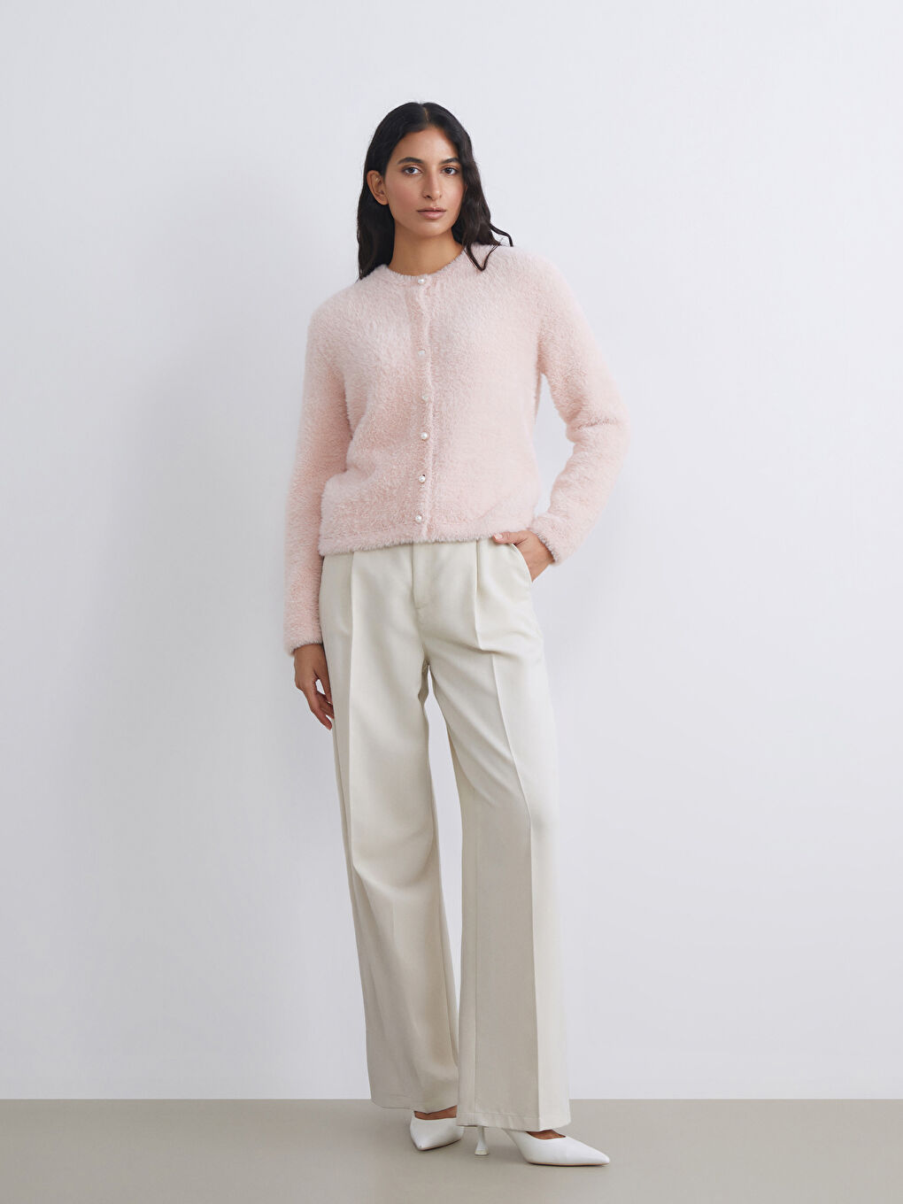 Pembe Bisiklet Yaka Kadın Triko Hırka-1