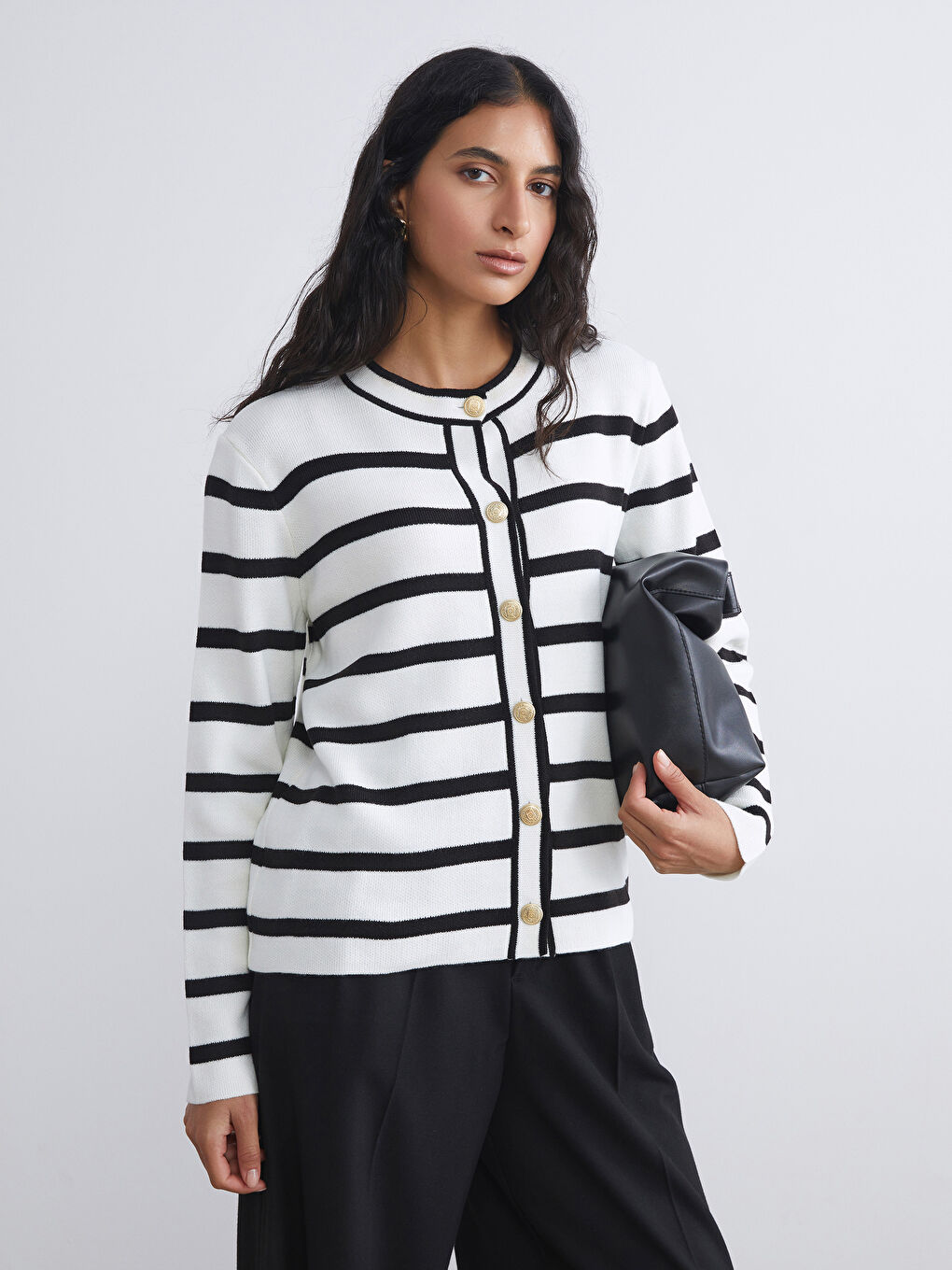Crew Neck Striped Women's Knitwear Cardigan