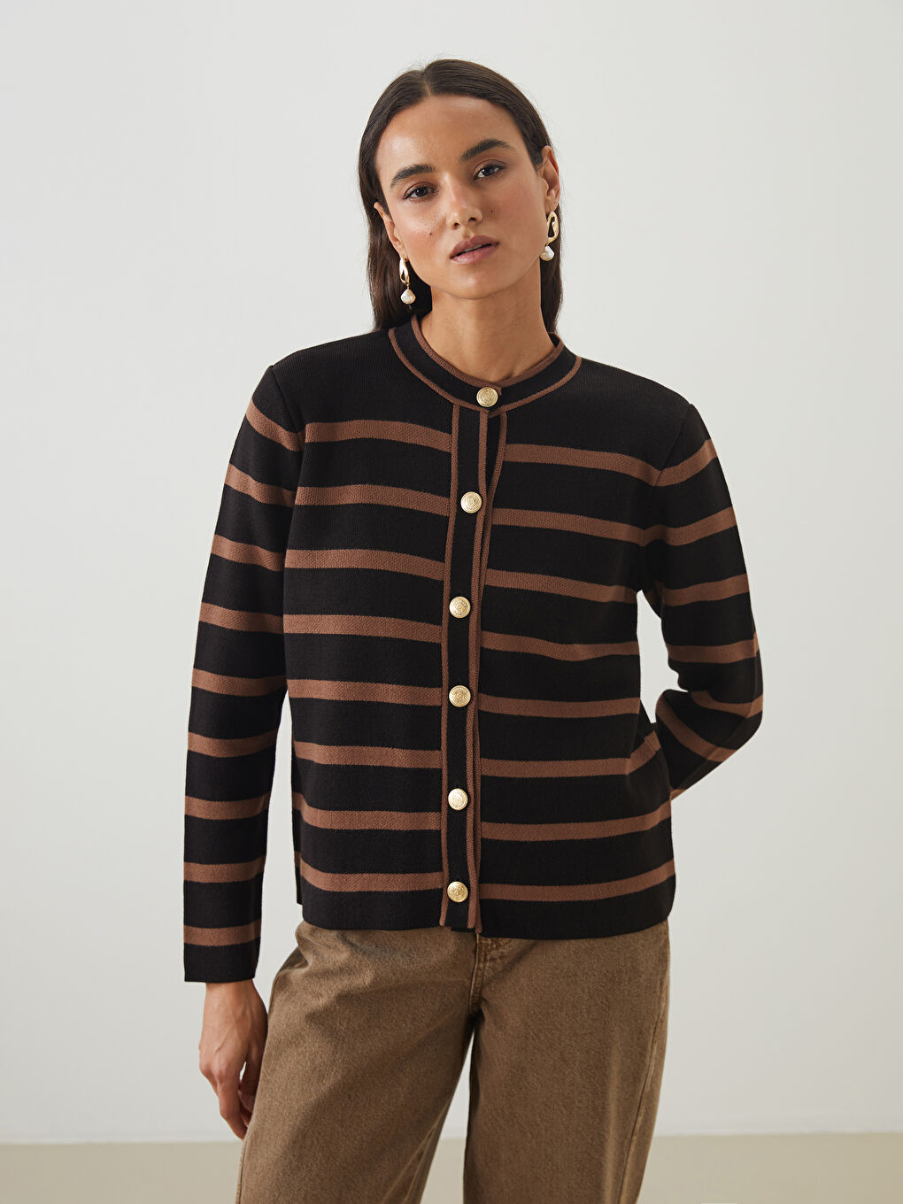 Crew Neck Striped Women's Knitwear Cardigan