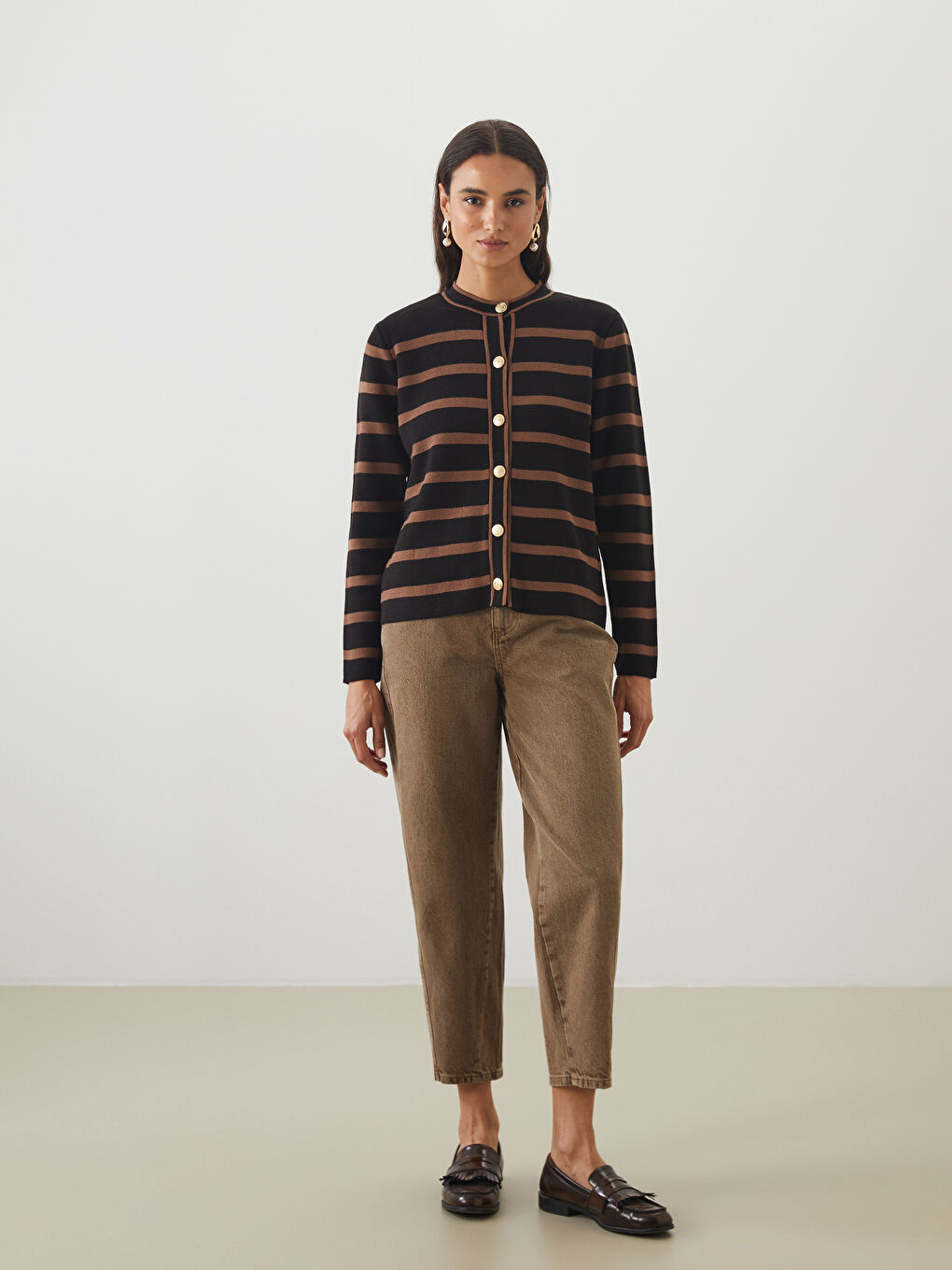 Crew Neck Striped Women's Knitwear Cardigan-1