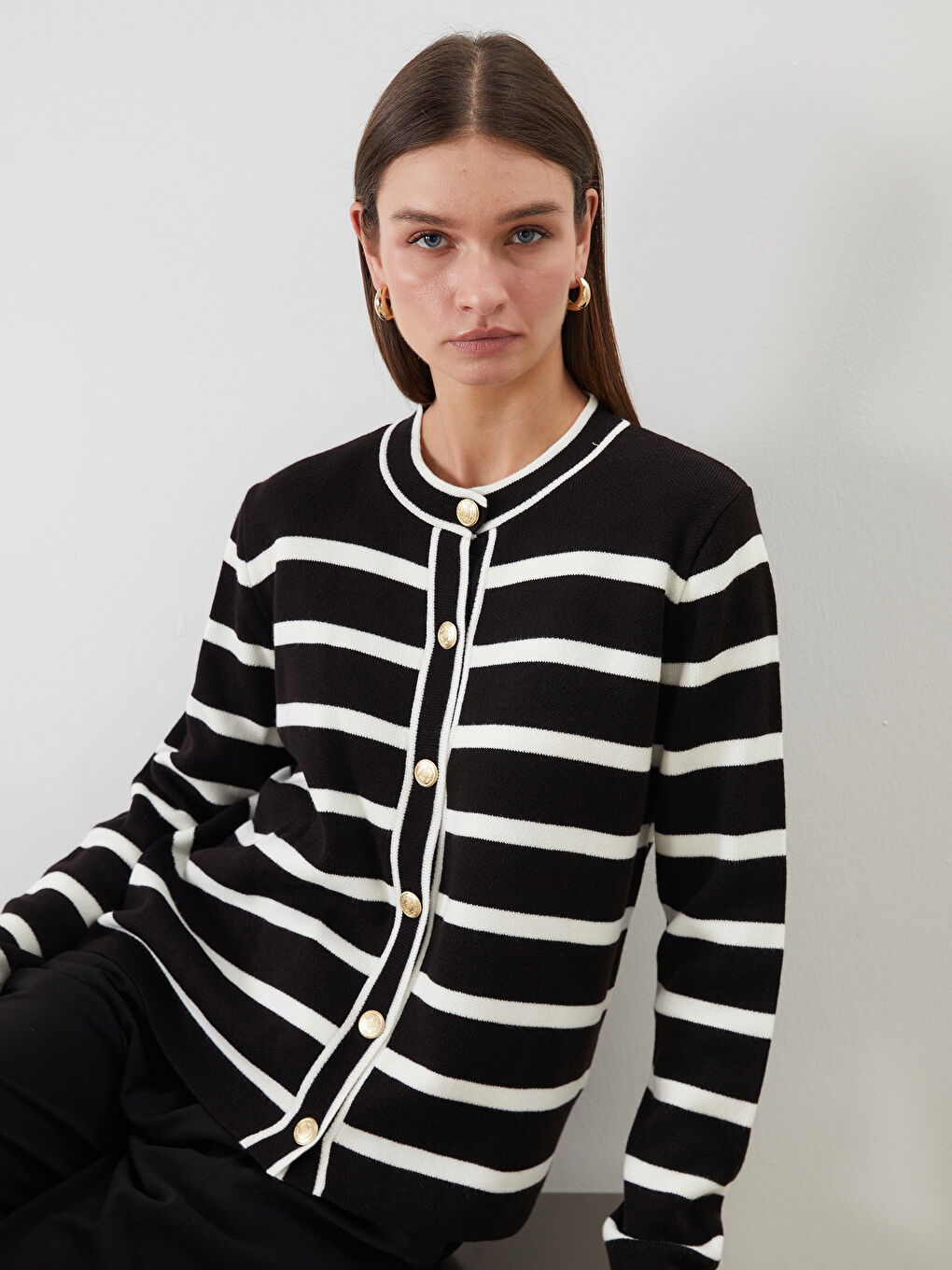 Crew Neck Striped Women's Knitwear Cardigan