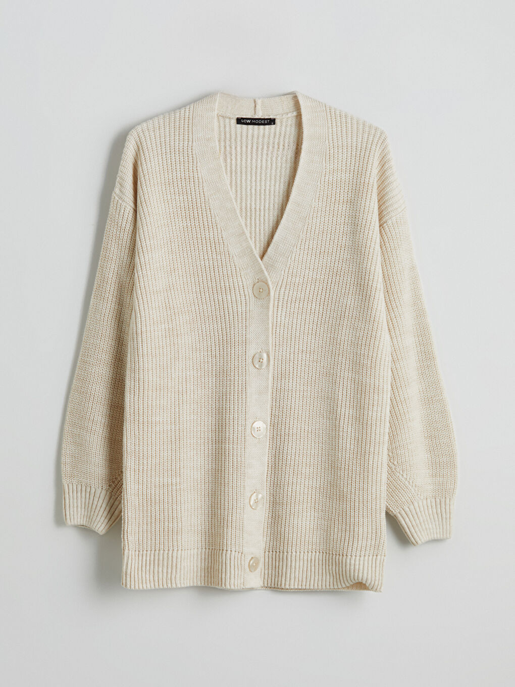 Ekru V Yaka Kadın Triko Hırka-4