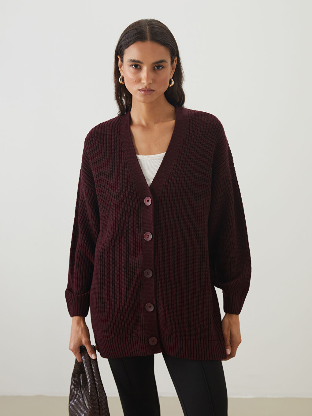 Bordo V Yaka Kadın Triko Hırka