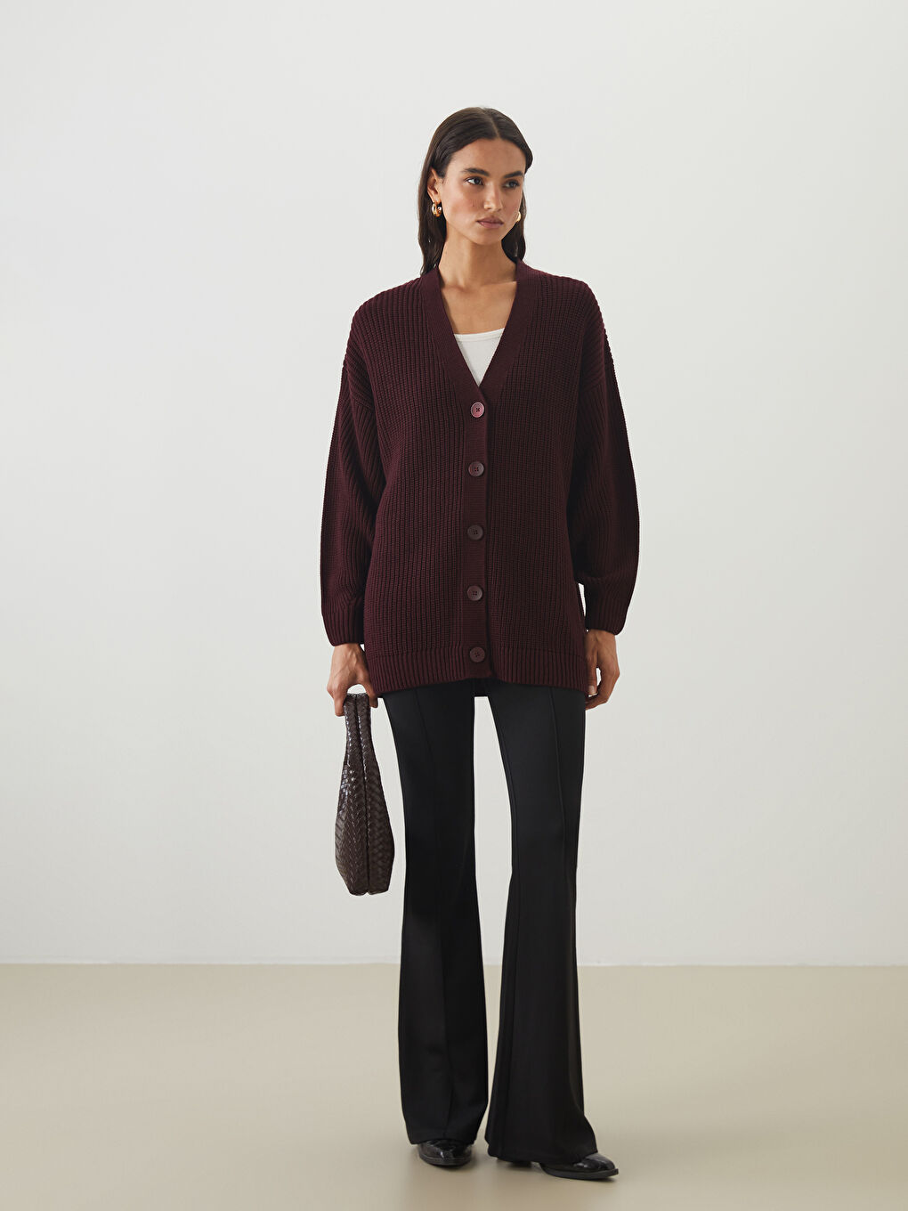 Bordo V Yaka Kadın Triko Hırka-1