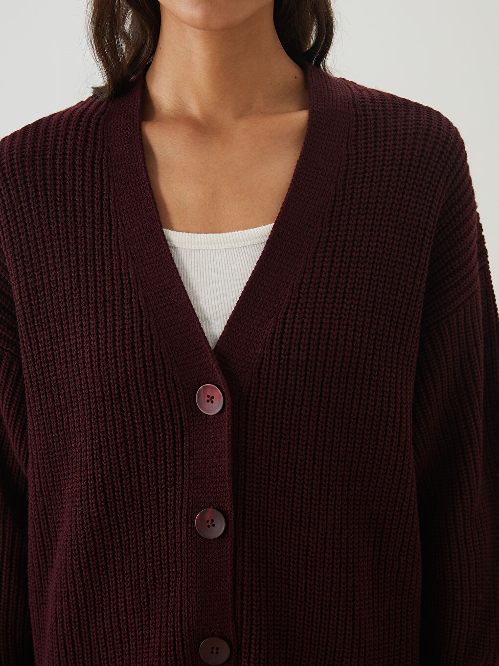 Bordo V Yaka Kadın Triko Hırka-2