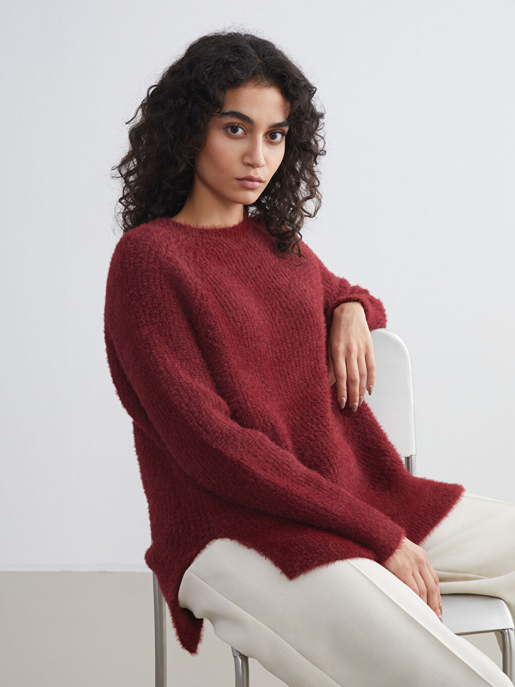 Bordo Bisiklet Yaka Kadın Triko Tunik