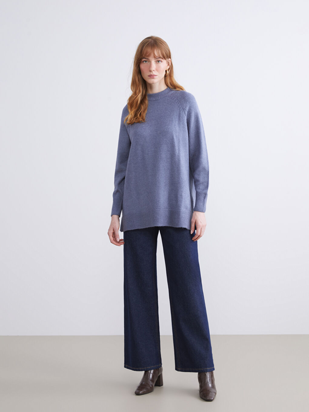 Mavi Dik Yaka Oversize Kadın Triko Tunik-1