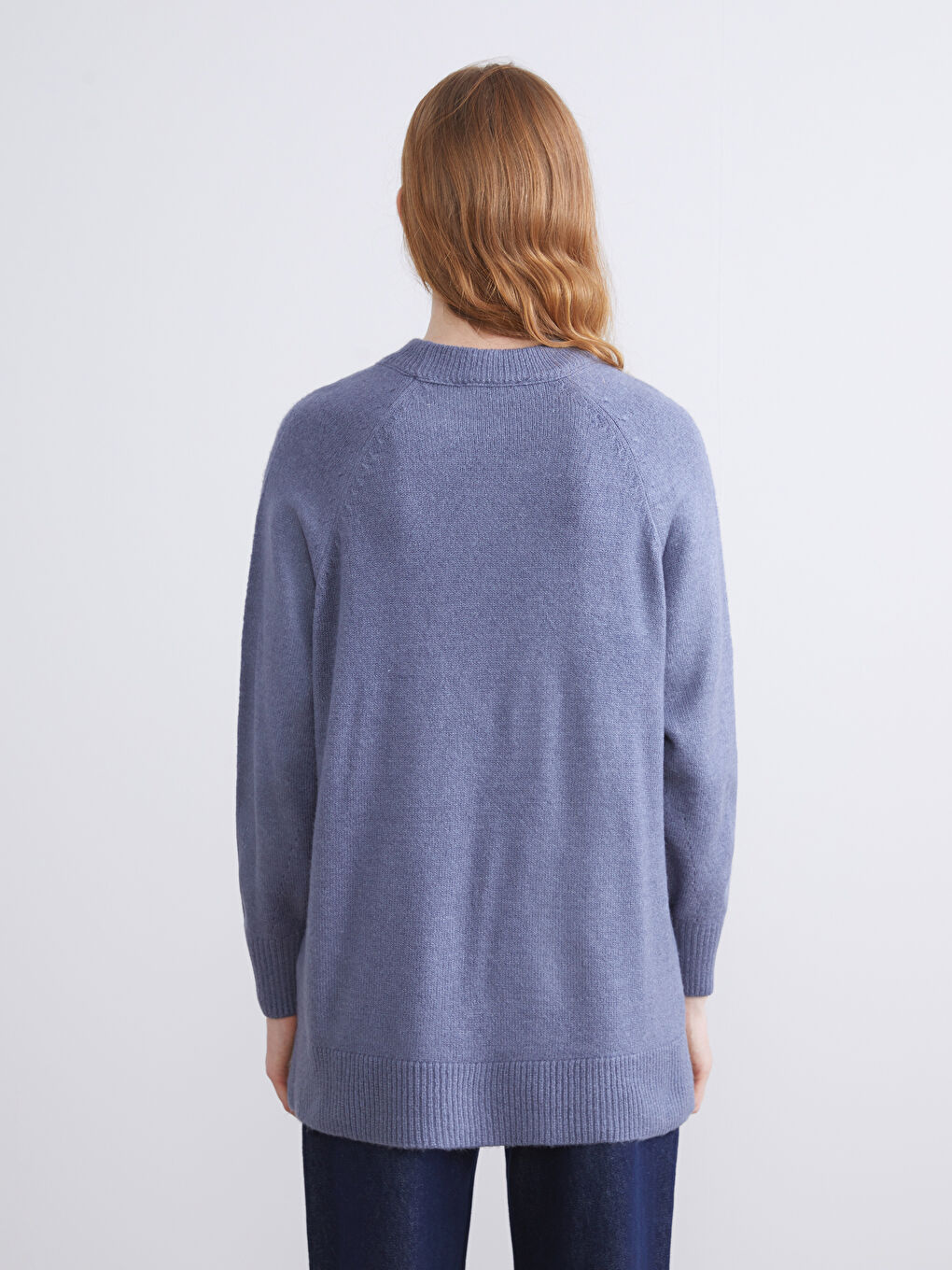 Mavi Dik Yaka Oversize Kadın Triko Tunik-3