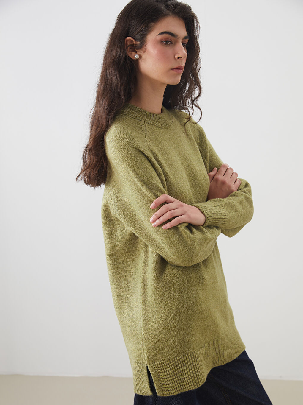 Yeşil Dik Yaka Oversize Kadın Triko Tunik