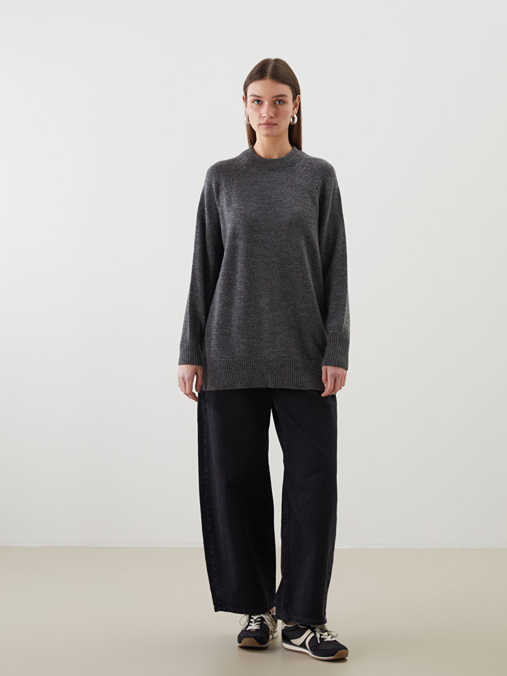 Gri Dik Yaka Oversize Kadın Triko Tunik-1