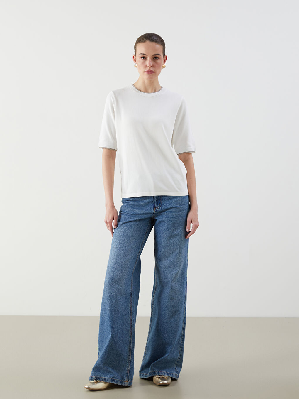 Ekru Bisiklet Yaka Kadın Triko Kazak-1