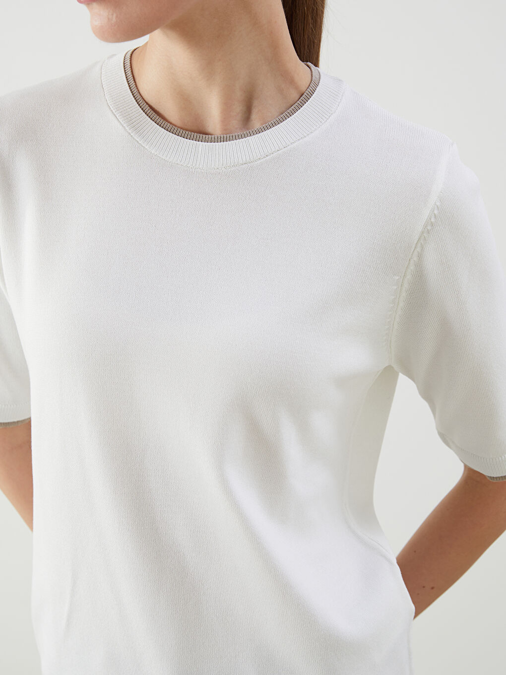 Ekru Bisiklet Yaka Kadın Triko Kazak-2