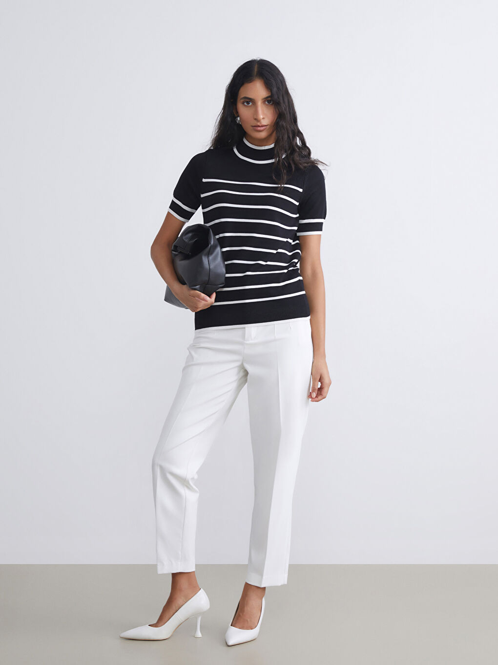 Funnel Neck Striped Women's Knitwear Sweater-1