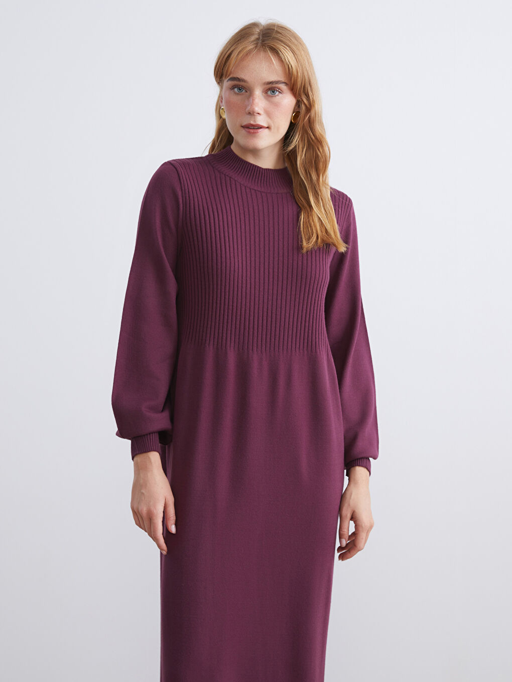 Bordo Dik Yaka Triko Elbise-1