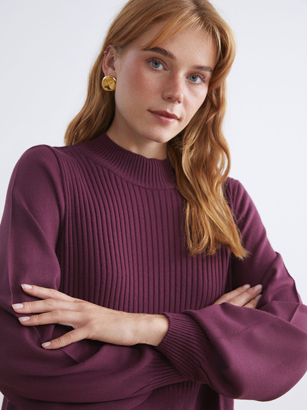 Bordo Dik Yaka Triko Elbise-2