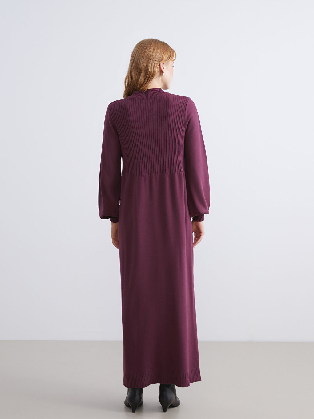 Bordo Dik Yaka Triko Elbise-3