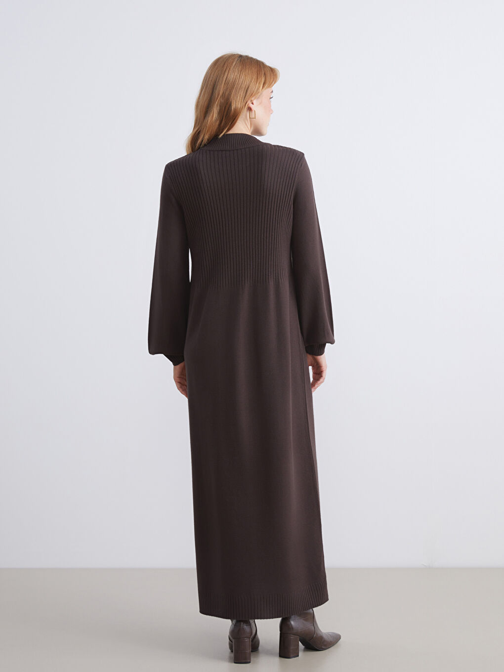 Kahverengi Dik Yaka Triko Elbise-3