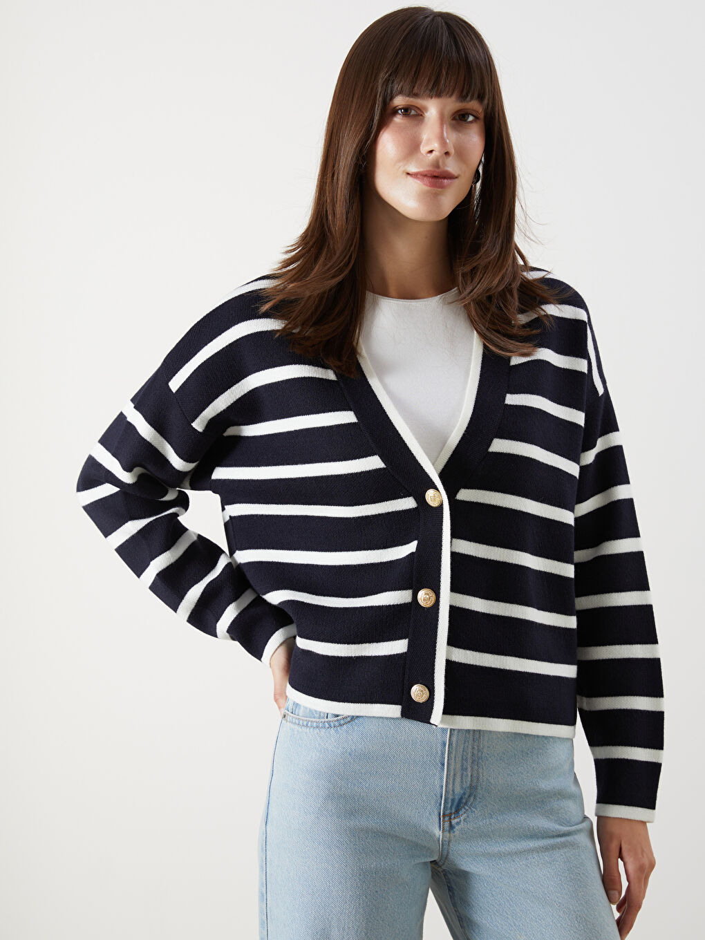 LCW Comfort V Neck Striped Oversize Women's Knitwear Cardigan -W5BF34Z8-LGS