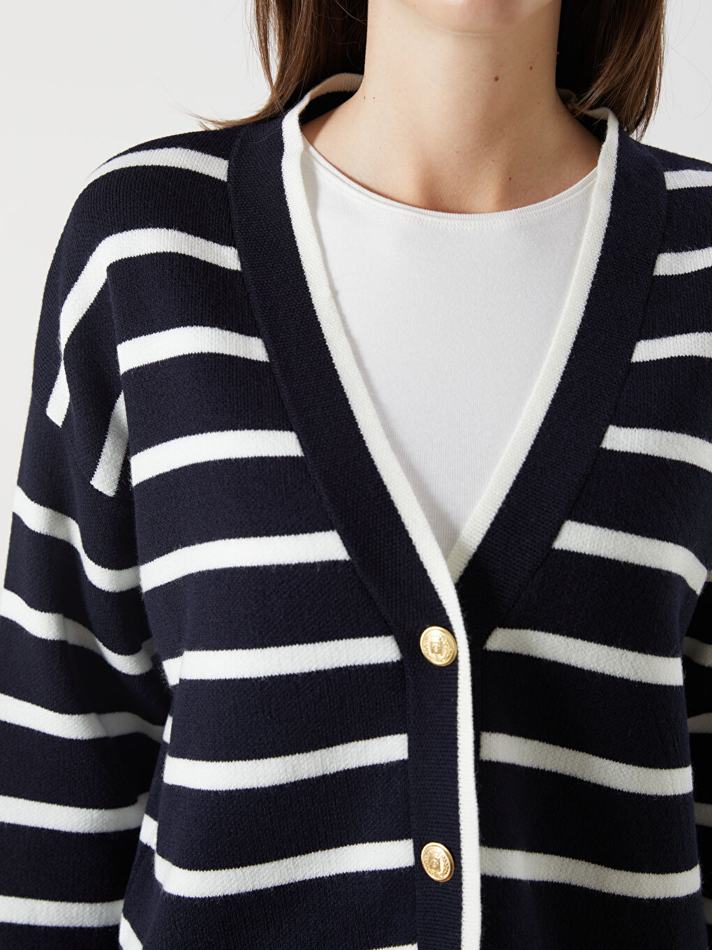 LCW Comfort V Neck Striped Oversize Women's Knitwear Cardigan -W5BF34Z8-LGS