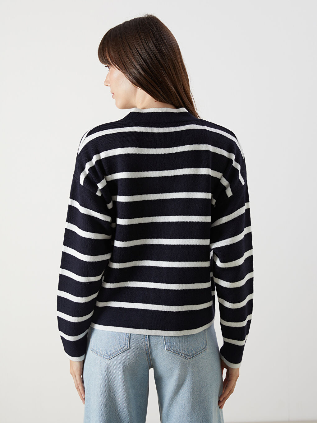 LCW Comfort V Neck Striped Oversize Women's Knitwear Cardigan -W5BF34Z8-LGS