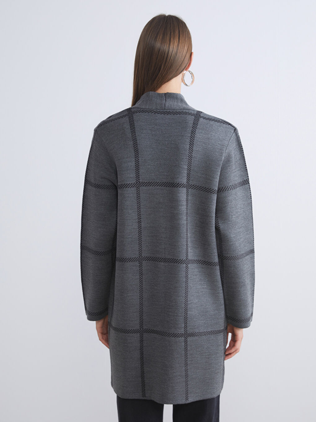 Antrasit Şal Yaka Ekose Kadın Triko Hırka-4