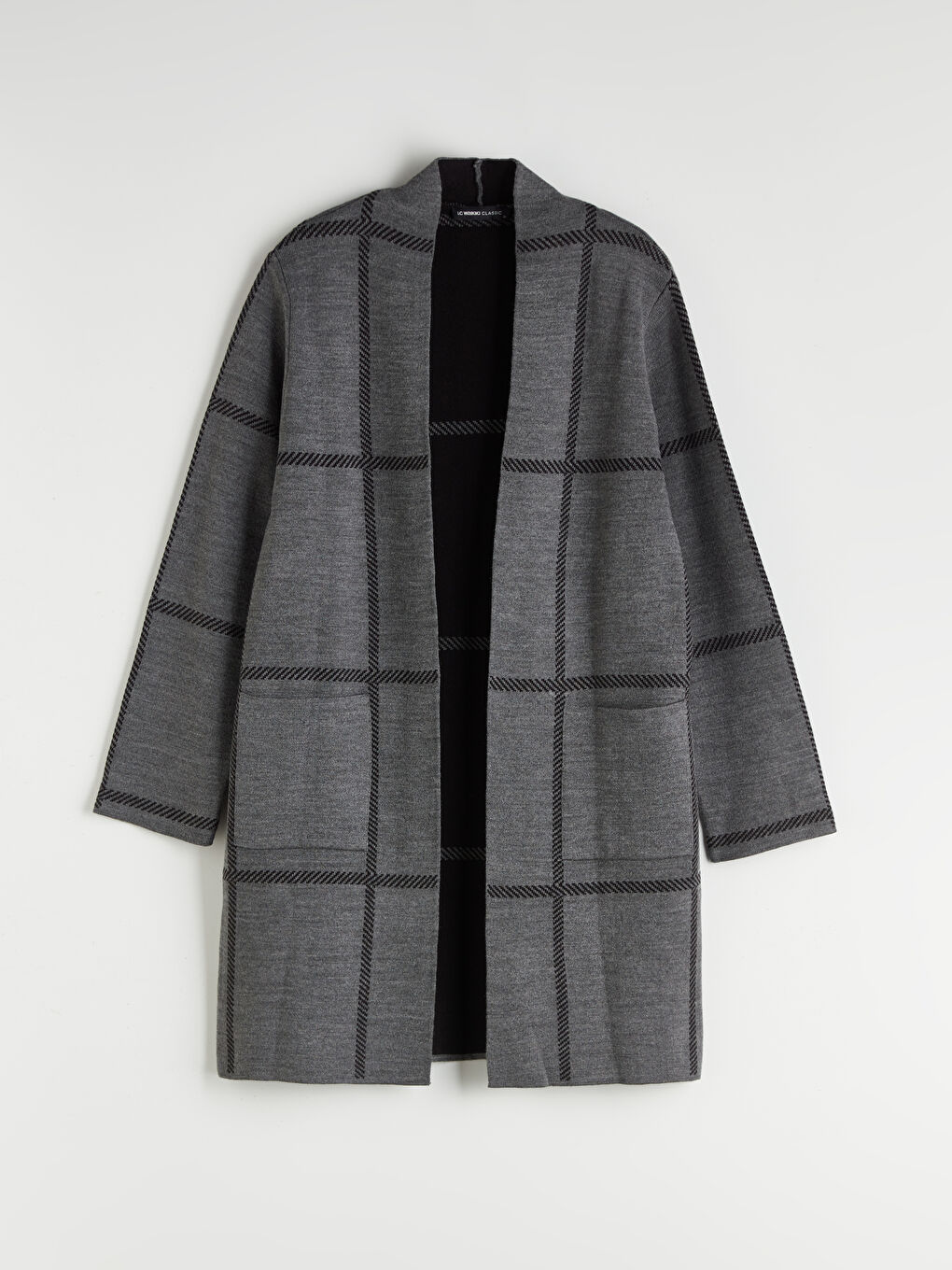 Antrasit Şal Yaka Ekose Kadın Triko Hırka-6