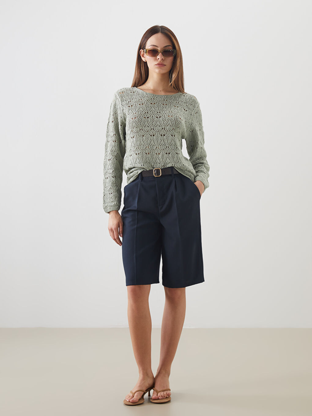 Yeşil Bisiklet Yaka Ajurlu Kadın Triko Kazak-1