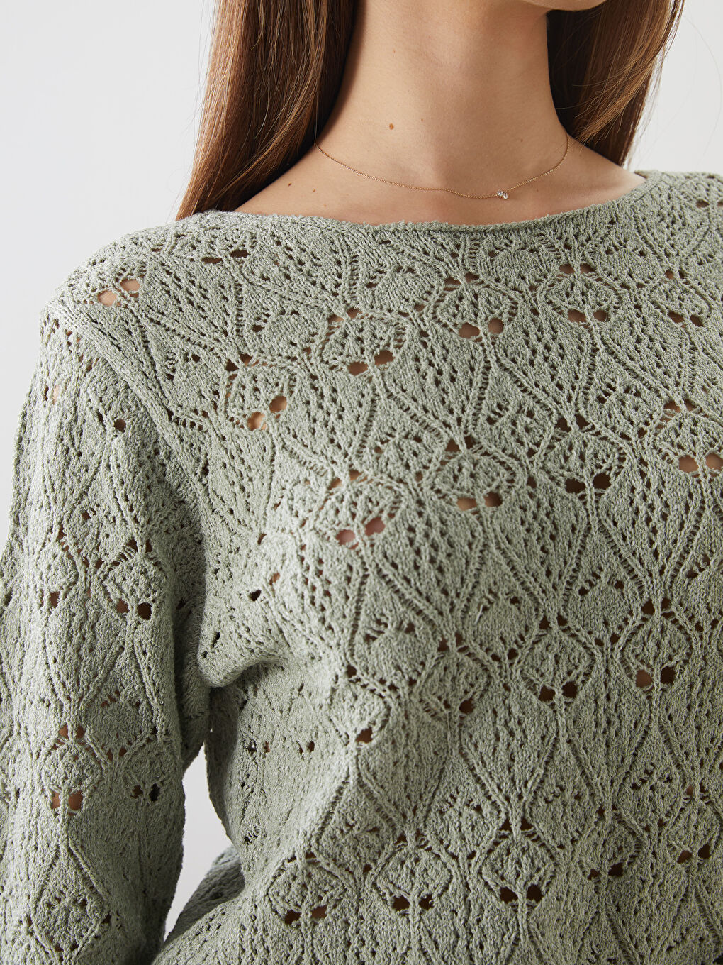 Yeşil Bisiklet Yaka Ajurlu Kadın Triko Kazak-2