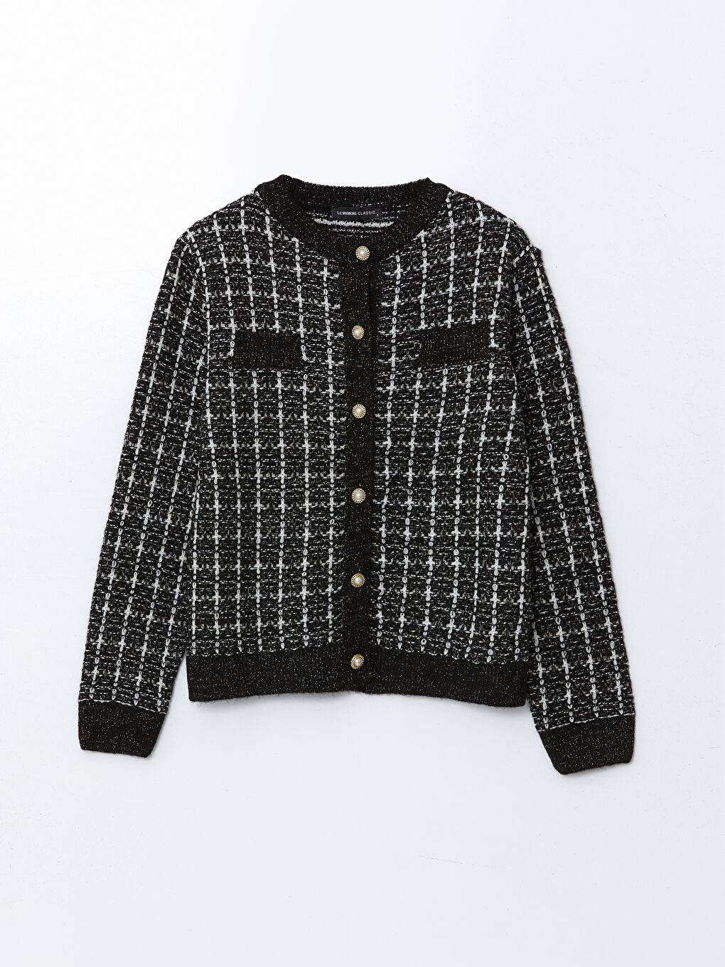 Siyah Bisiklet Yaka Desenli Kadın Triko Hırka-6