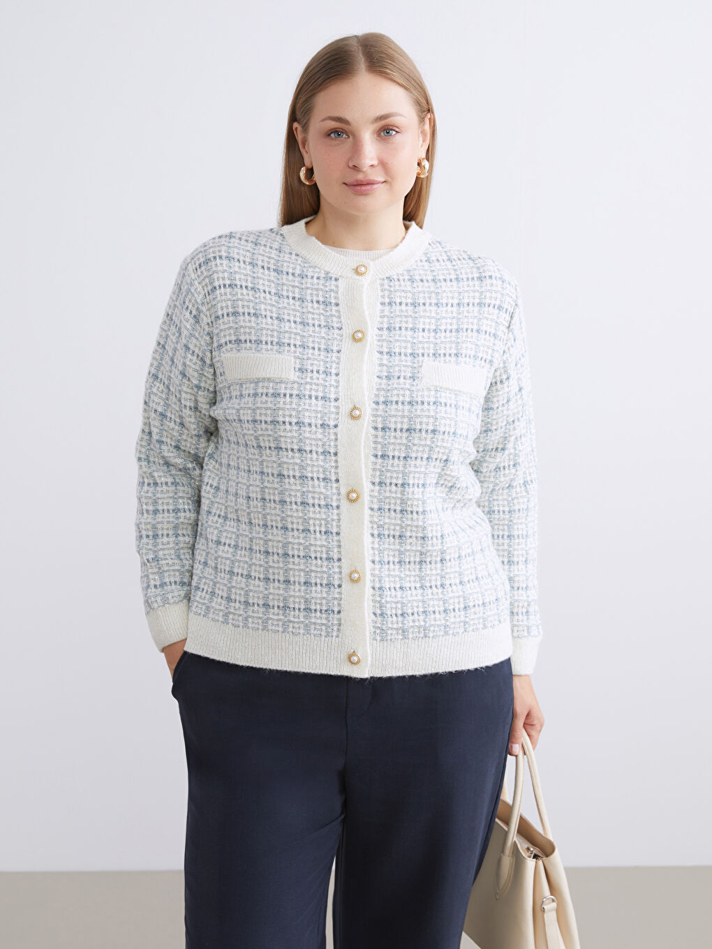 Mavi Bisiklet Yaka Desenli Kadın Triko Hırka-1