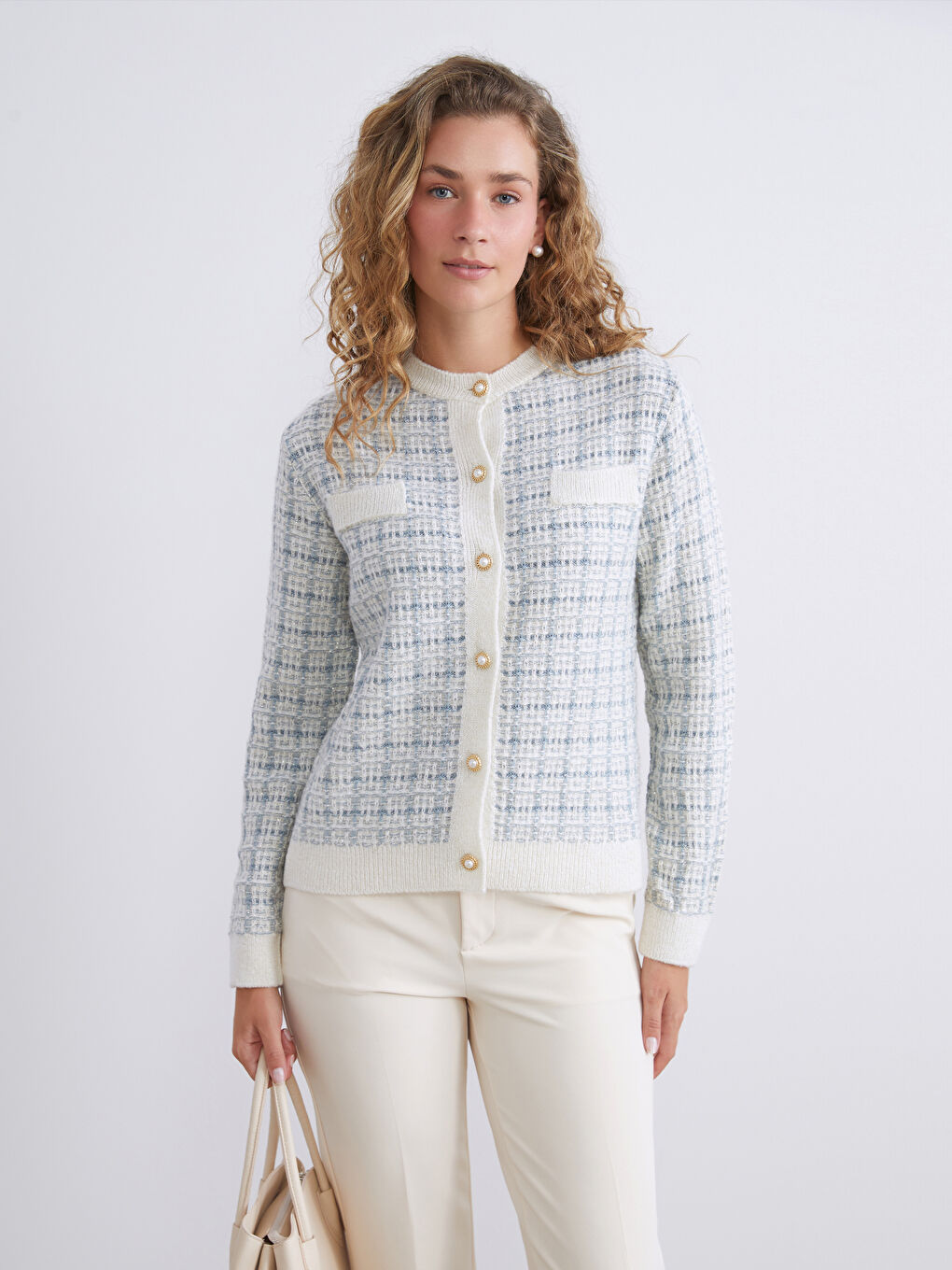 Mavi Bisiklet Yaka Desenli Kadın Triko Hırka