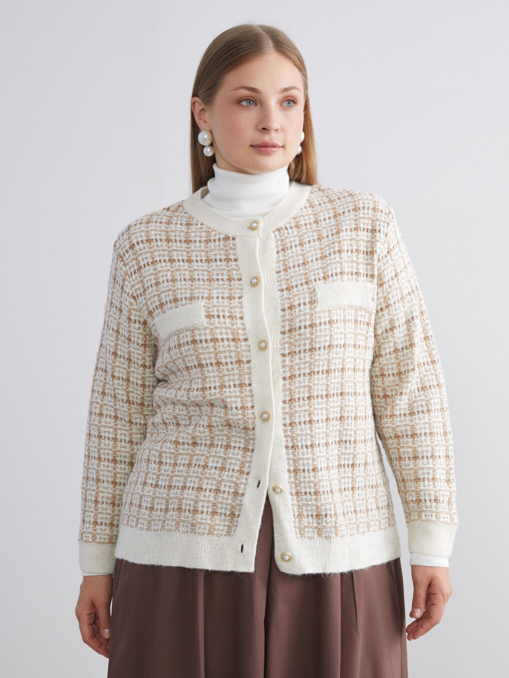 Кардиган из трикотажа с узором и круглым вырезом для женщин-1