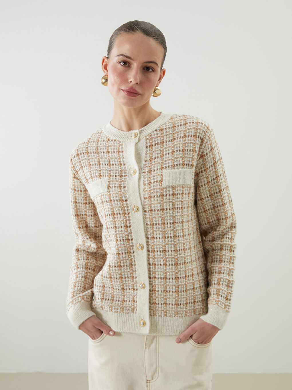 Кардиган из трикотажа с узором и круглым вырезом для женщин-2