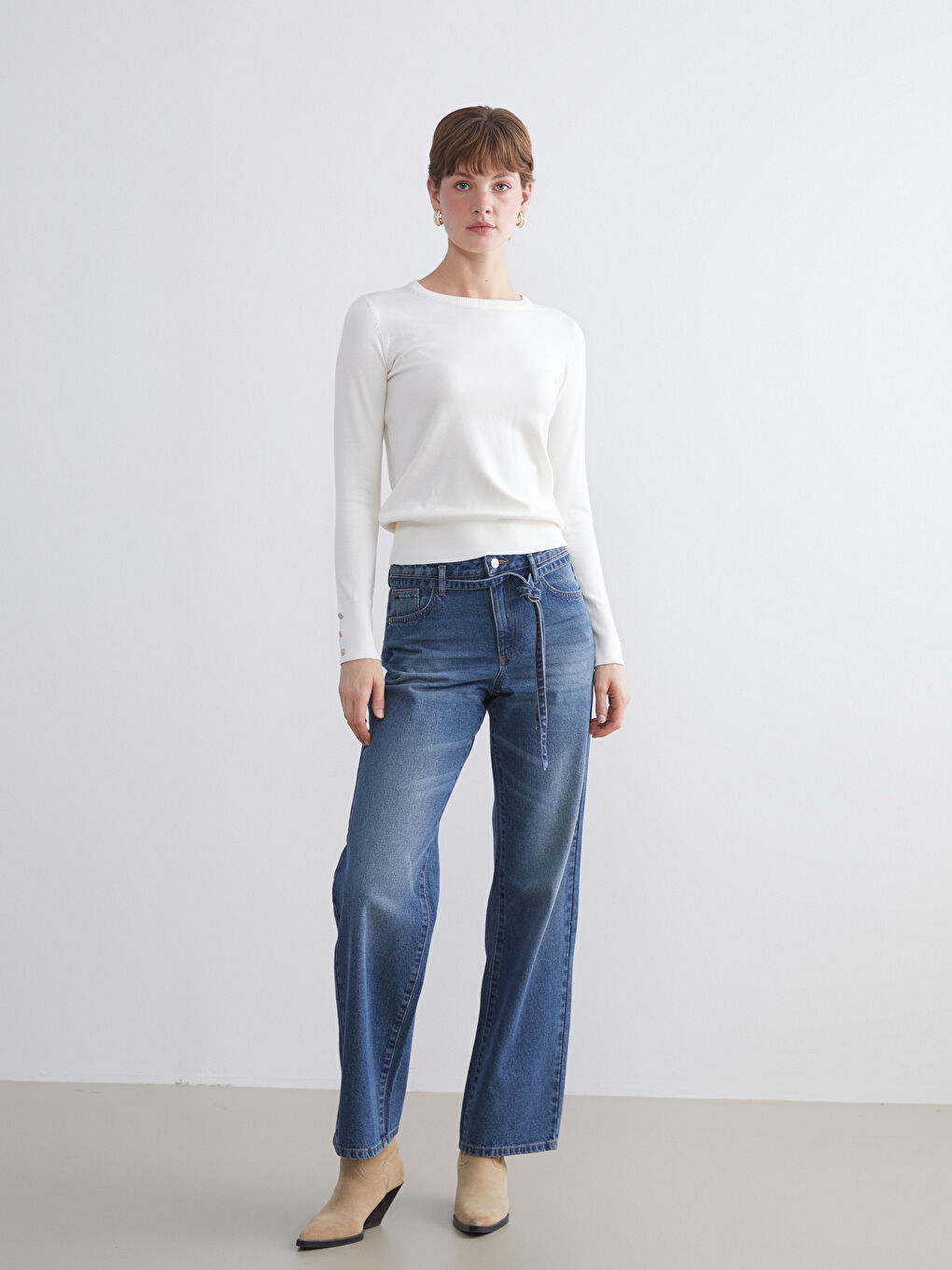 Ekru Bisiklet Yaka Kadın Triko Kazak-1