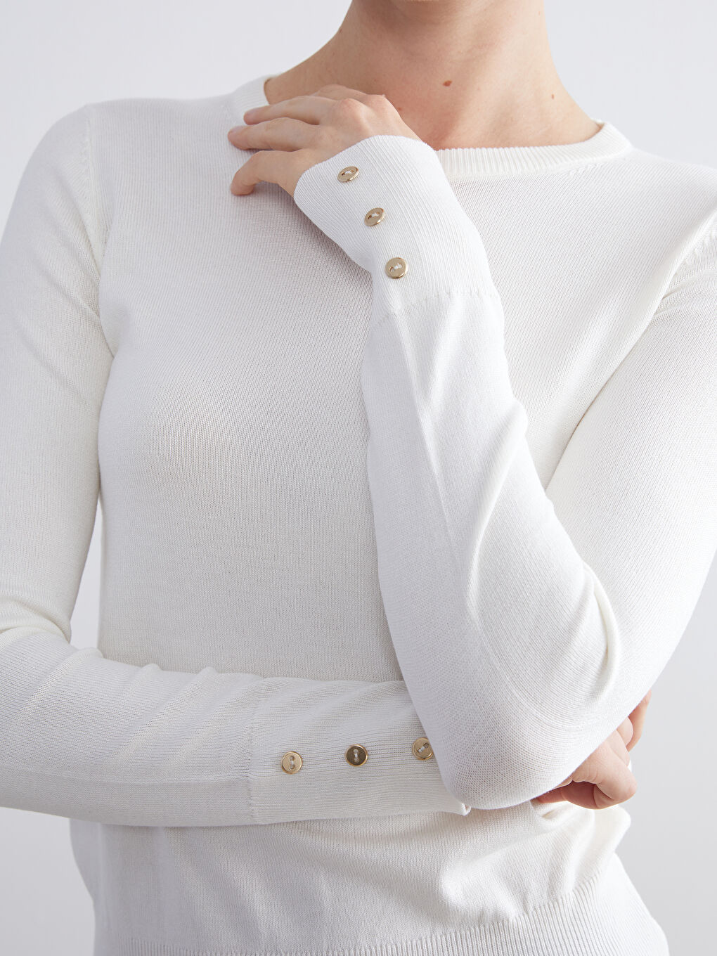 Ekru Bisiklet Yaka Kadın Triko Kazak-2