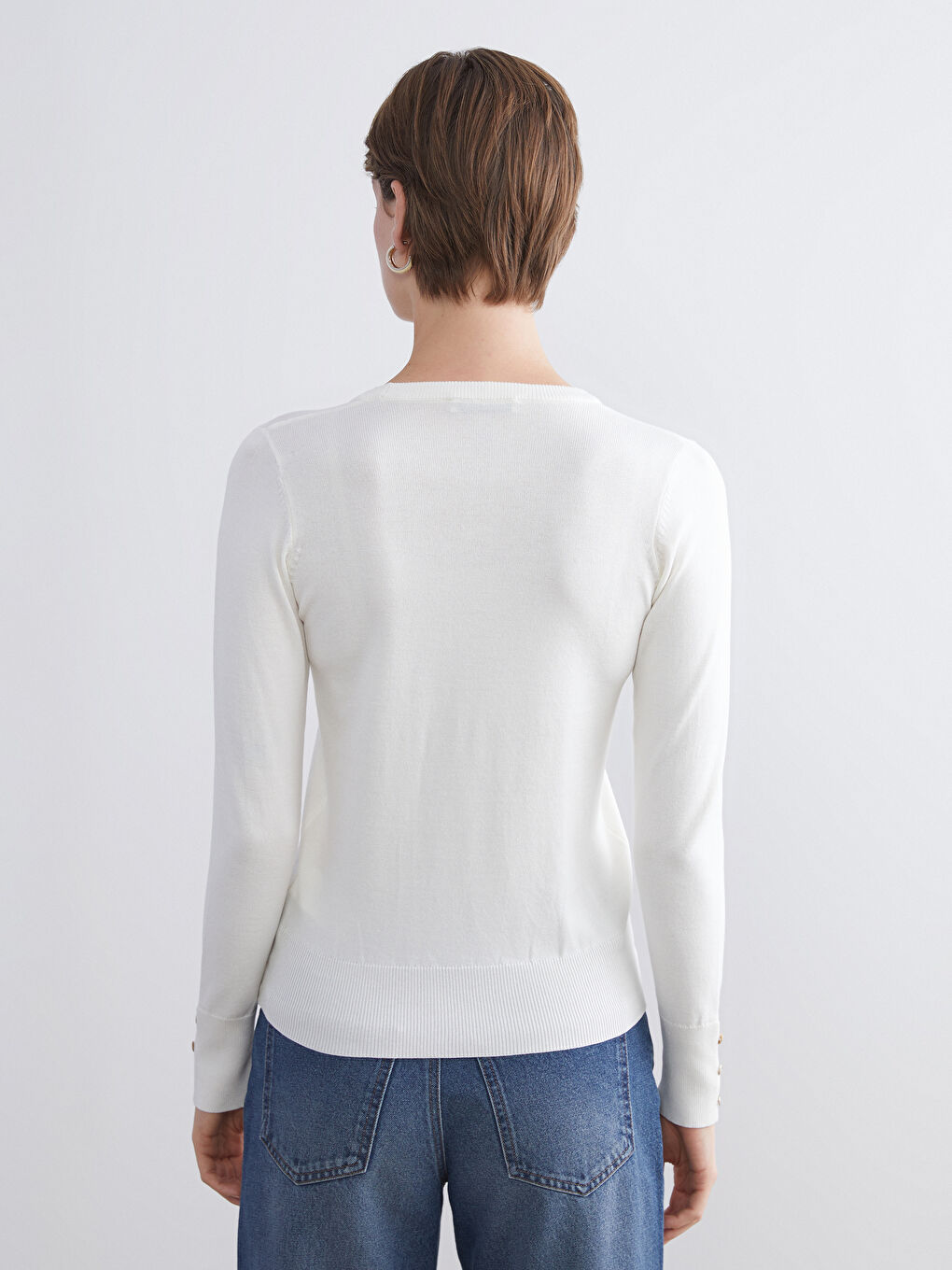 Ekru Bisiklet Yaka Kadın Triko Kazak-3