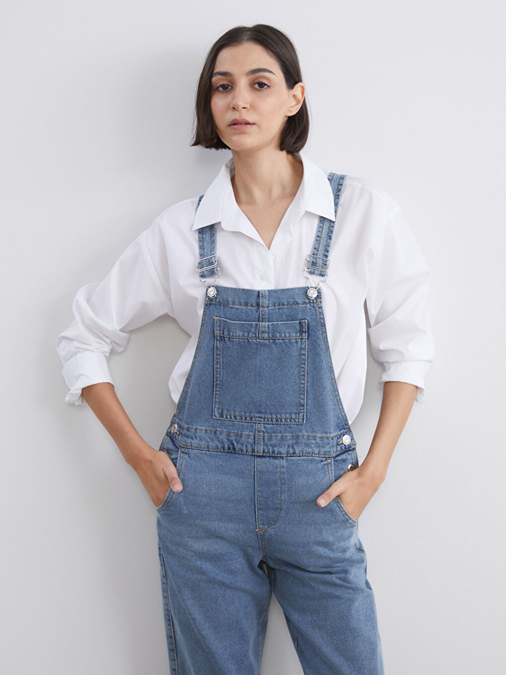 İndigo Kare Yaka Kadın Jean Salopet-1