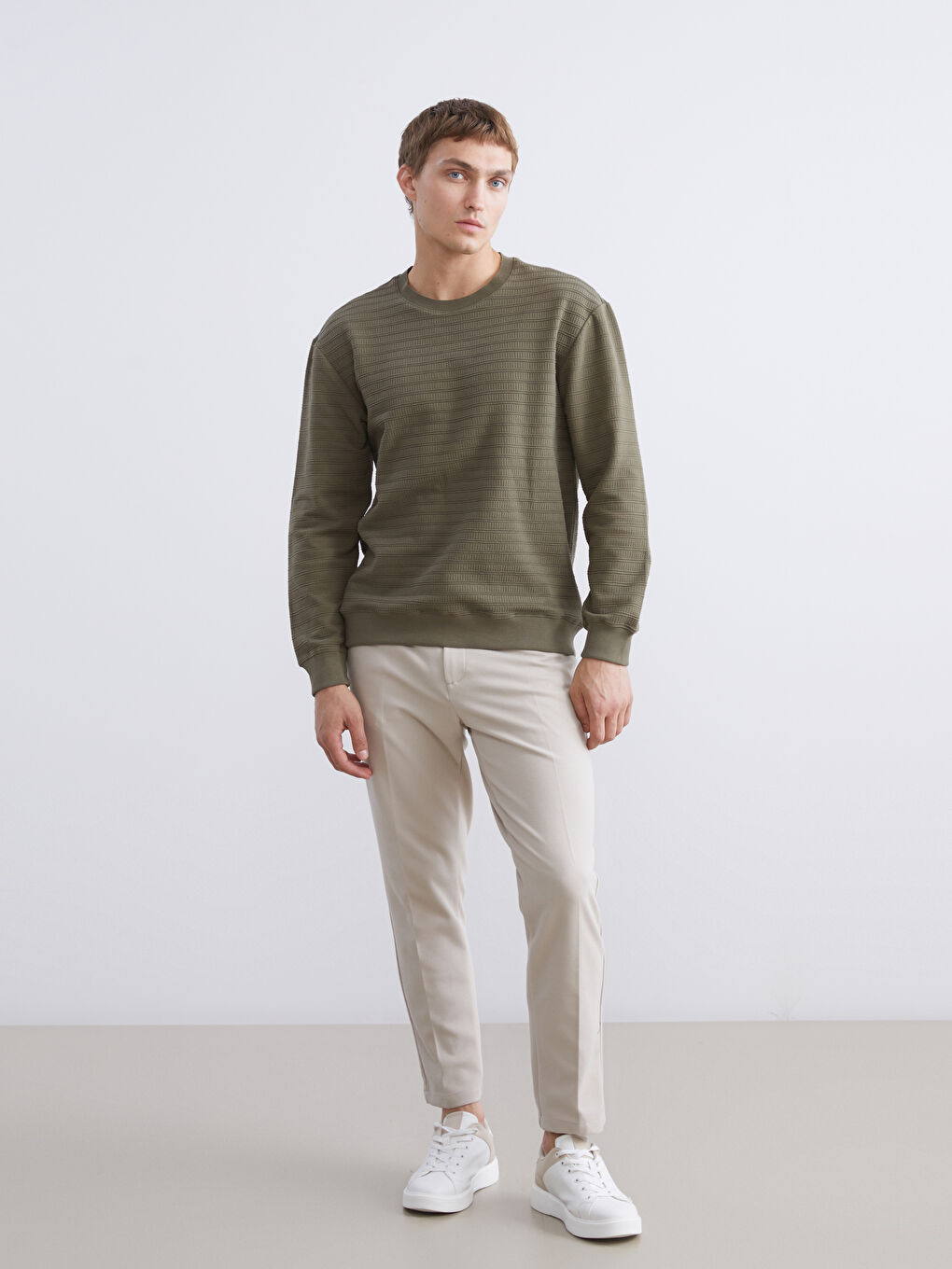 Yeşil Bisiklet Yaka Erkek Sweatshirt-1