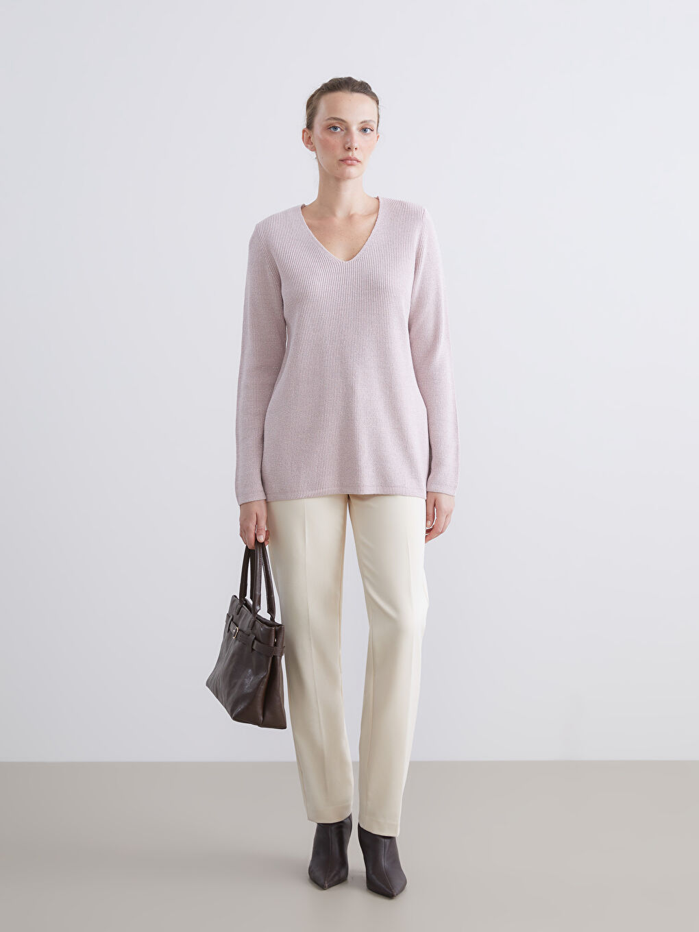 Lila V Yaka Kadın Triko Kazak-1