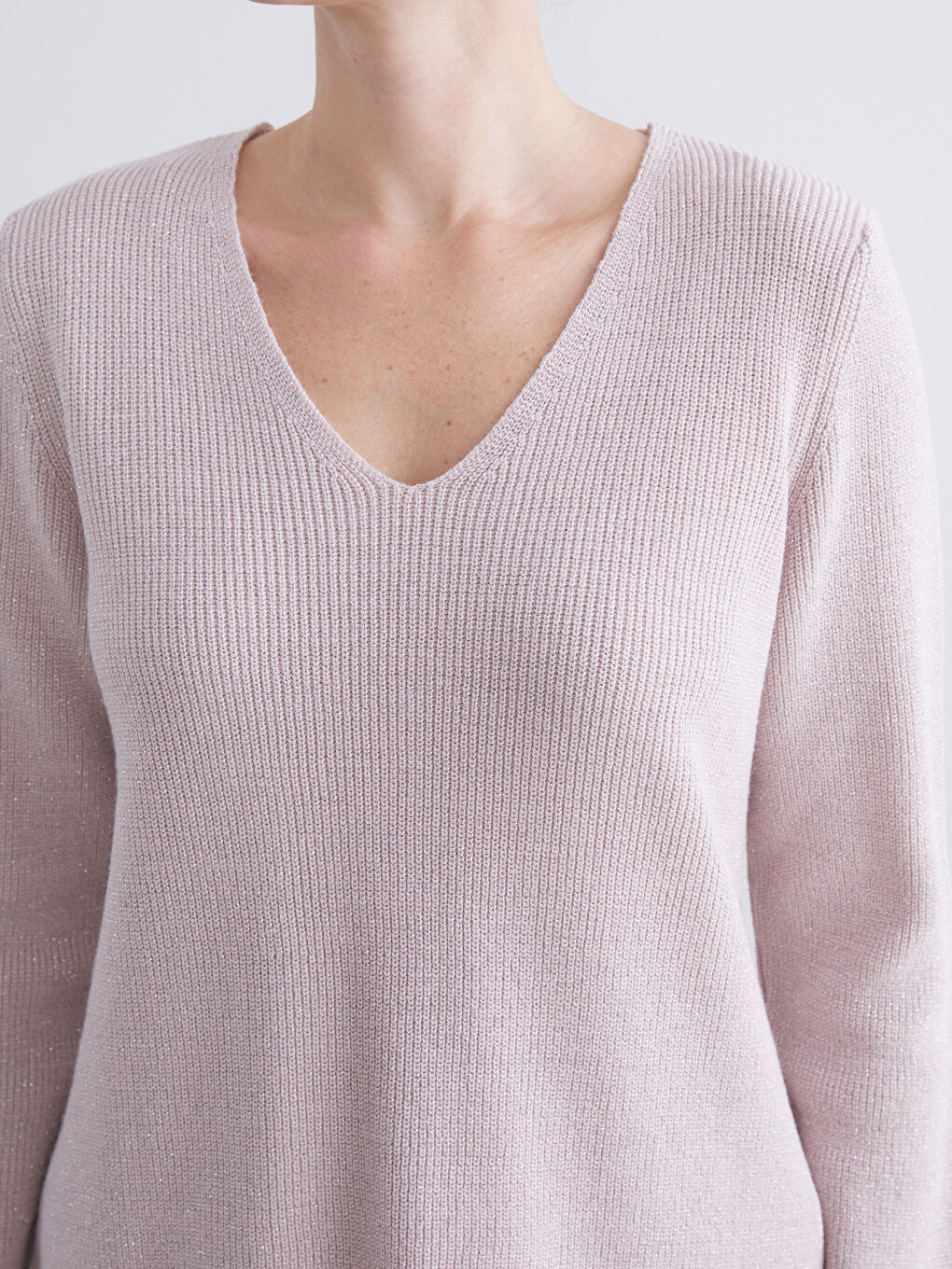 Lila V Yaka Kadın Triko Kazak-2