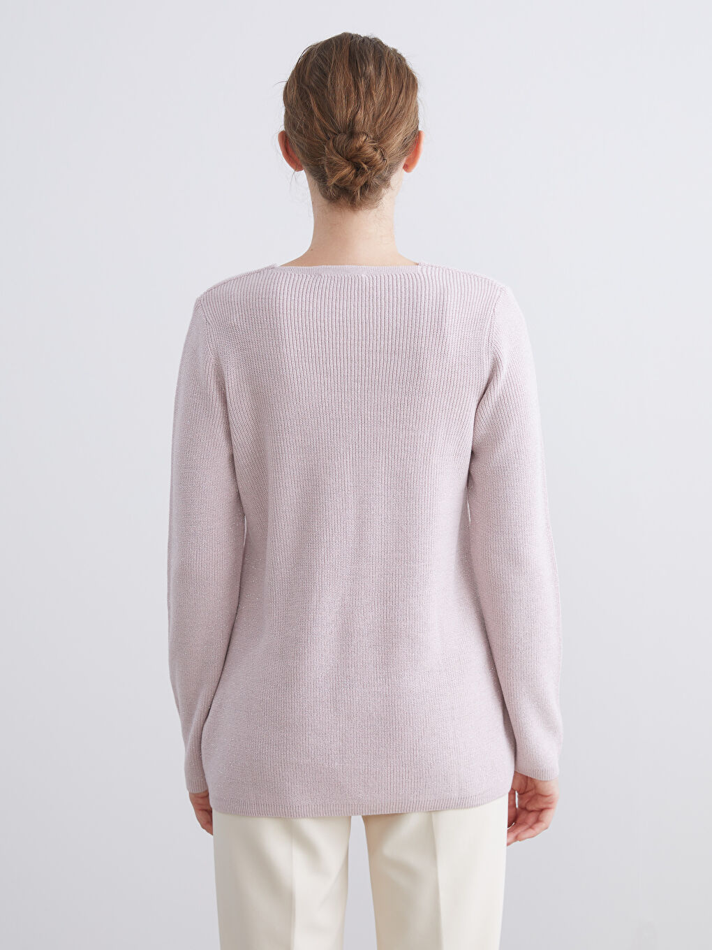 Lila V Yaka Kadın Triko Kazak-3