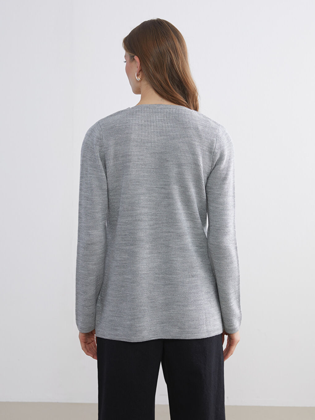 Gri V Yaka Kadın Triko Kazak-3