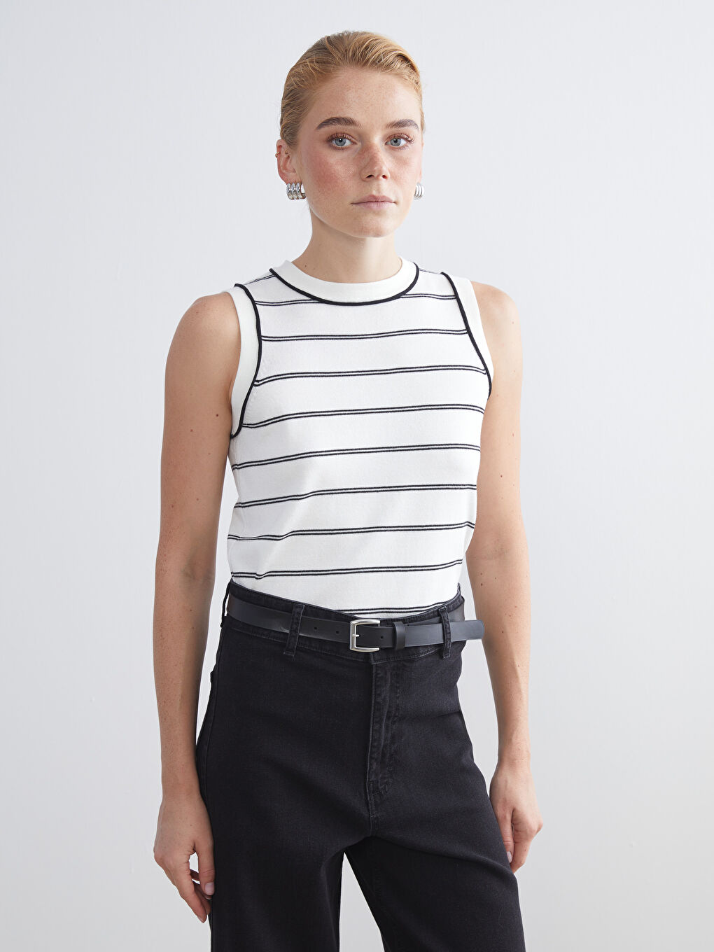 LCW Modest Crew Neck Striped Women's Knitwear Sweater Vest -W5BF89Z8-LEG