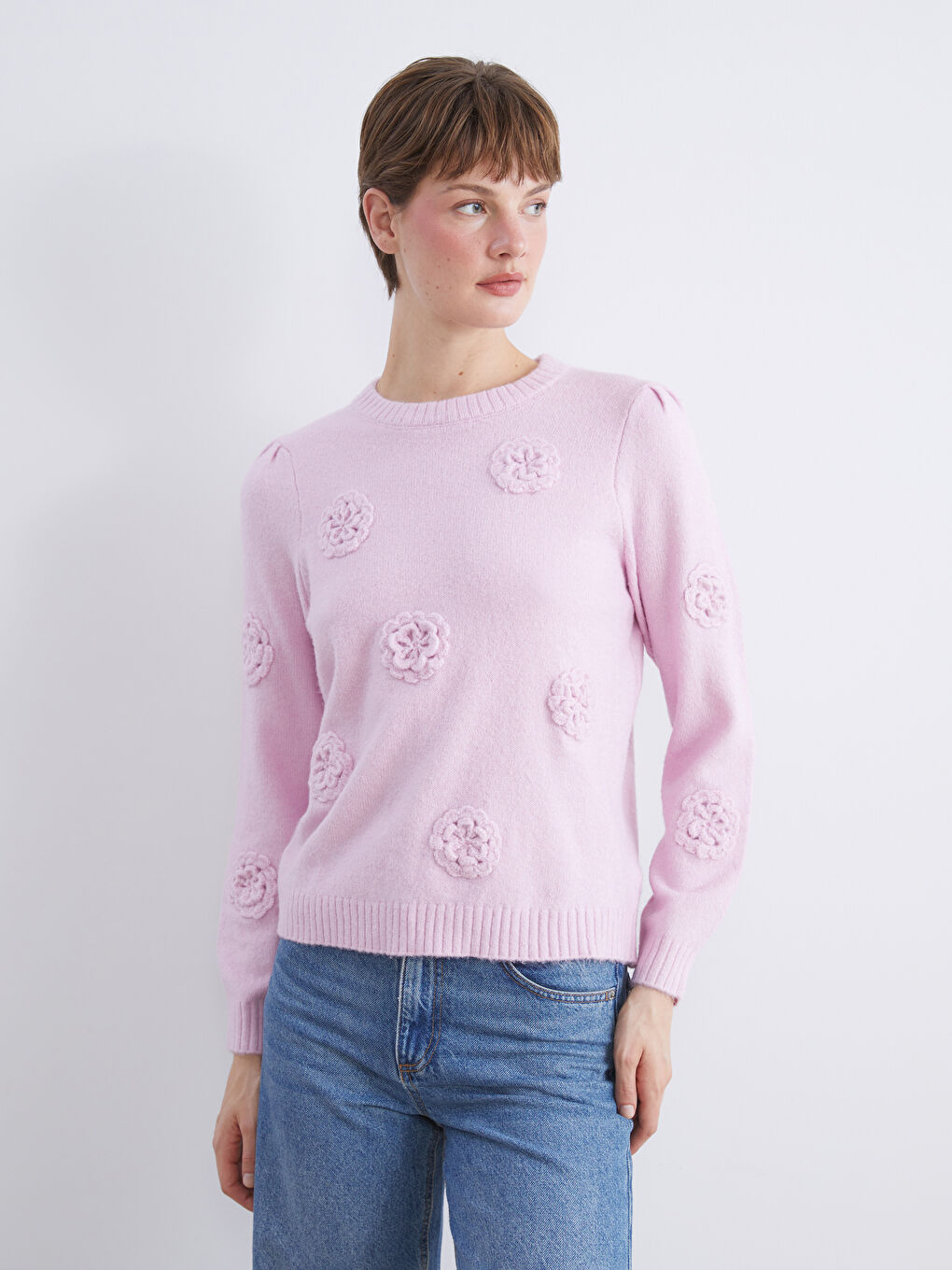 Crew Neck Floral Embroidered Women's Knitwear Sweater