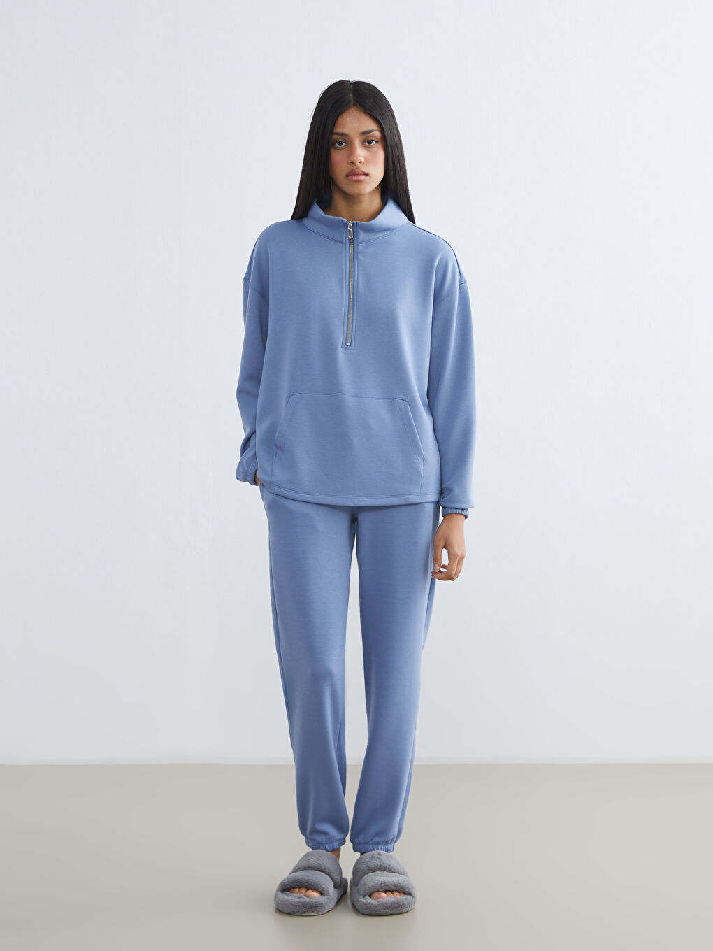 Mavi Dik Yaka Oversize Kadın Pijama Üstü-1