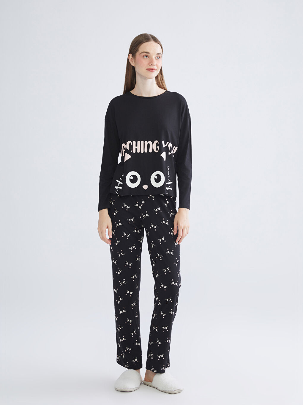 Siyah Beli Lastikli Desenli Kadın Pijama Altı