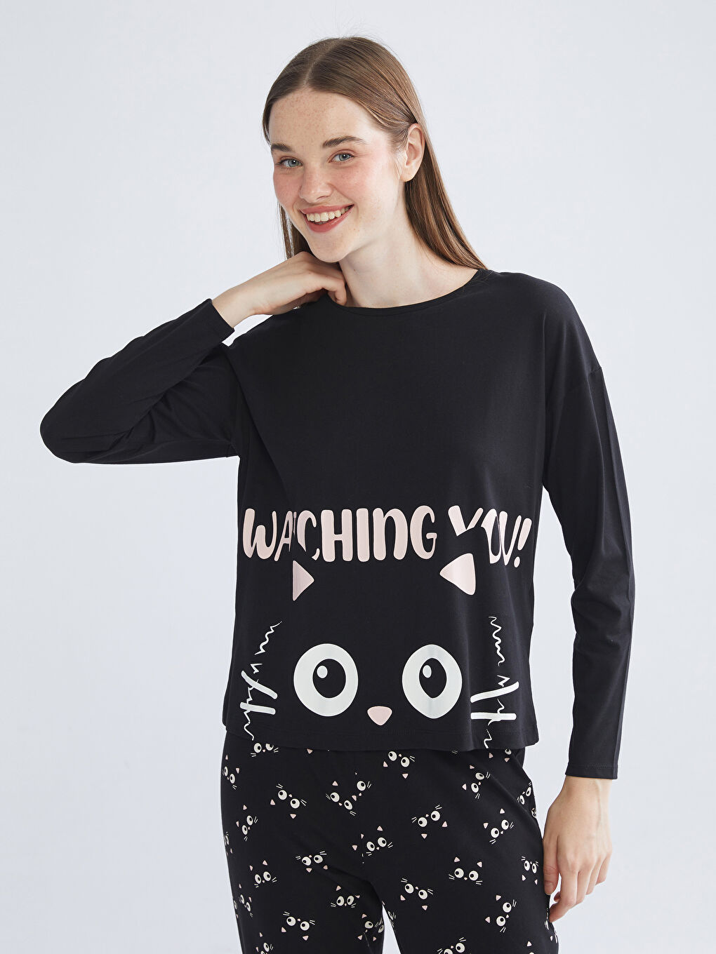 Siyah Bisiklet Yaka Baskılı Kadın Pijama Takımı