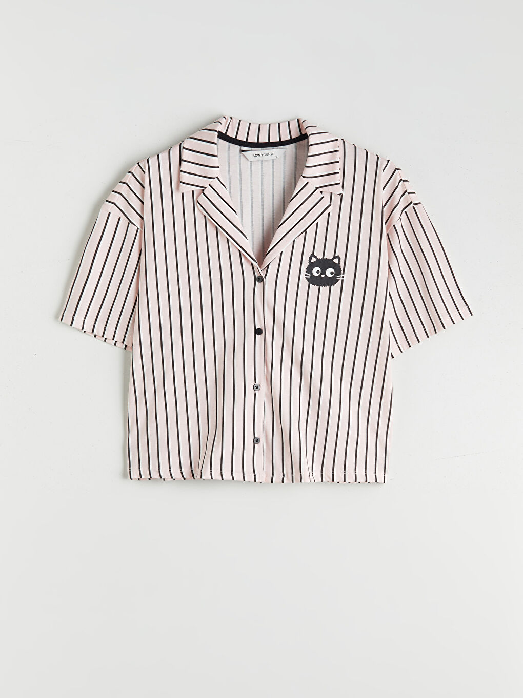 Pembe Gömlek Yaka Baskılı Kadın Pijama Üstü