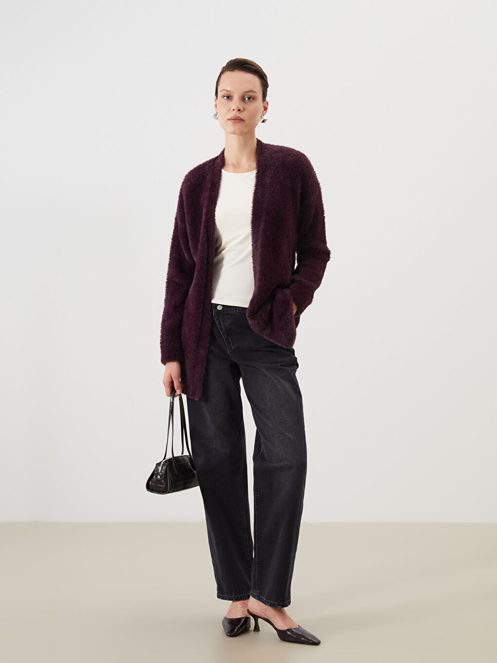 Mürdüm Şal Yaka Kadın Pelüş Triko Hırka-2